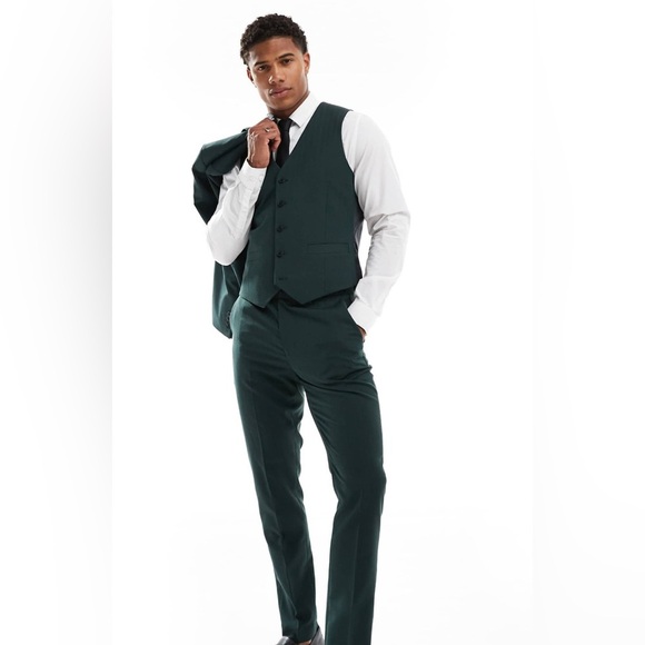 ASOS Design Wedding Skinny Waistcoat in Forest Green Micro Texture 38” - Picture 3 of 8